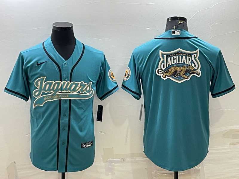 Mens Jacksonville Jaguars Teal Team Big Logo With Patch Cool Base Stitched Baseball Jersey